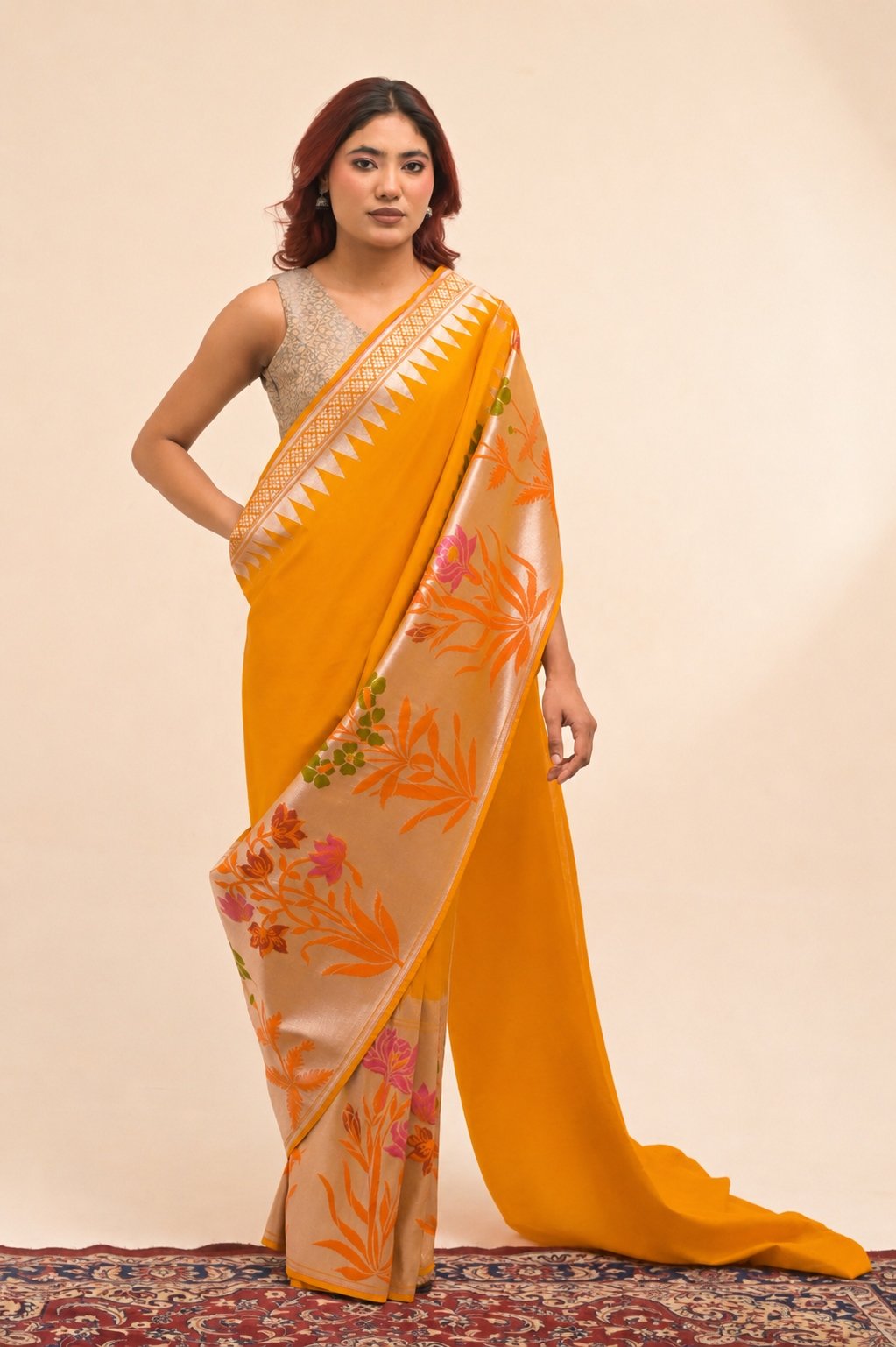 Banarasi  Katan Silk Saree Jaamdani colourful tulip border on marigold orange base
